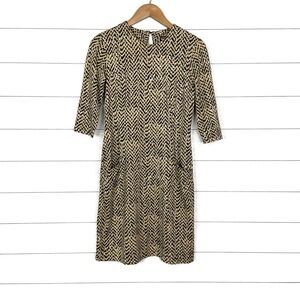 J MCLAUGHLIN Catalyst Dress Tan Black Chevron Long Sleeve Pockets Small Classic